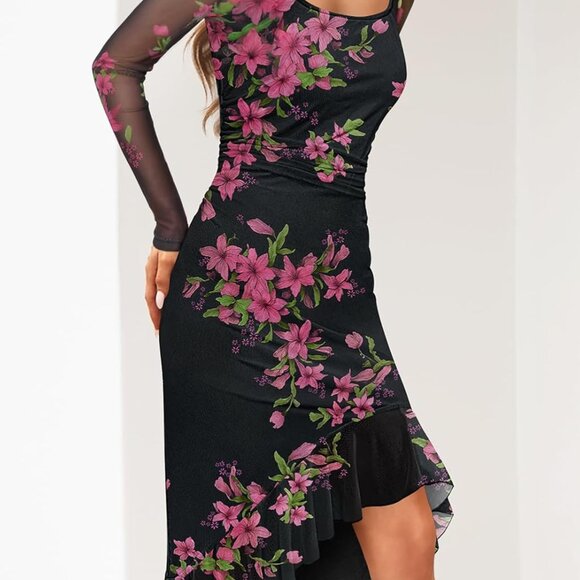 Women’s Mesh Bodycon Midi Dress Long Sleeve Square Neck Elegant Party - Picture 2 of 5